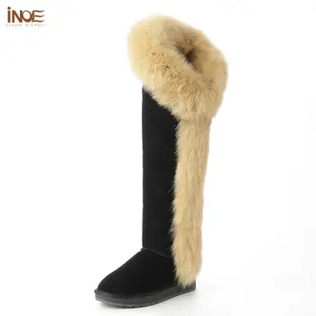 INOE moda real blană de vulpe peste genunchi piele de oaie piele timp de lână căptușite coapsei piele de căprioară femei de înaltă iarna zapada ghete negre botas