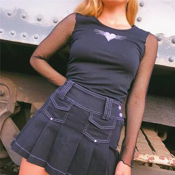 ArtSu Mozaic Plasă Femeie Tricou Topuri Inima Neagra cu Maneci Lungi Tricou Femme Casual de Bază T-shirt Streetwear ASTS21386