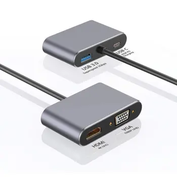 4-în-1 Stație de Andocare de Tip C La HDMI+VGA+USB3.0+PD Multifunctional Split Line Card Reader, Hub-Plug and Play