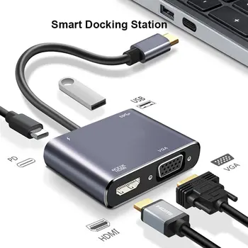 4-în-1 Stație de Andocare de Tip C La HDMI+VGA+USB3.0+PD Multifunctional Split Line Card Reader, Hub-Plug and Play