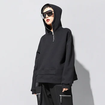 Plus Dimensiune Neregulate Tricou Femei Negru Moda Coreeană Fermoar Hanorac Cu Maneca Lunga Pulover Vrac Haine De Primavara Toamna 2021