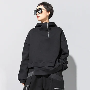 Plus Dimensiune Neregulate Tricou Femei Negru Moda Coreeană Fermoar Hanorac Cu Maneca Lunga Pulover Vrac Haine De Primavara Toamna 2021