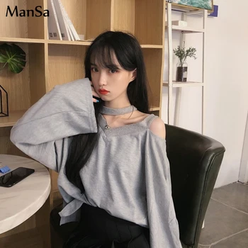 Femei de Primavara Toamna Tricouri Supradimensionate Solid Bottom Maneca Lunga tricou Wild coreeană Stil Minimalist Gol afară sexy Top alb