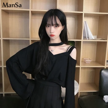 Femei de Primavara Toamna Tricouri Supradimensionate Solid Bottom Maneca Lunga tricou Wild coreeană Stil Minimalist Gol afară sexy Top alb