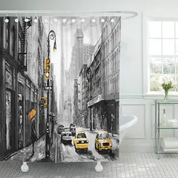 Perdea de duș cu Cârlige Pictura in Ulei pe Panza Street View New York Femeie Sub Umbrela Galben Taxi Baie Modernă