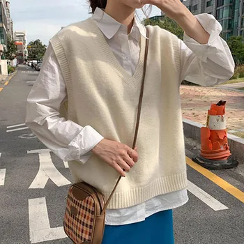 Fete Supradimensionate V-gât Pulovere Vesta de Toamna Femei Tricotate Solid Veste fără Mâneci Femeile 2021 Pulovere coreean Sweet Lady Pulover