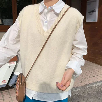 Fete Supradimensionate V-gât Pulovere Vesta de Toamna Femei Tricotate Solid Veste fără Mâneci Femeile 2021 Pulovere coreean Sweet Lady Pulover