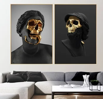 Rezumat Decor Negru Și Auriu Craniu Sculptura Pictura Arta Postere Si Printuri Statuie Întuneric Panza Poza Perete Pentru Camera De Zi