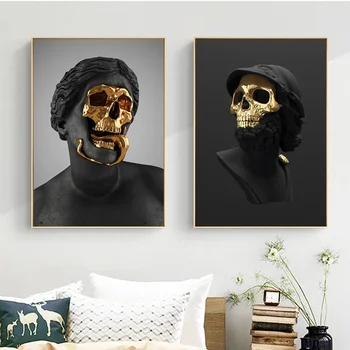Rezumat Decor Negru Și Auriu Craniu Sculptura Pictura Arta Postere Si Printuri Statuie Întuneric Panza Poza Perete Pentru Camera De Zi