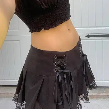 2021 Femeie Fuste Punk Goth Stil Sexy Negru Dantelă Vintage Plisata Cu Talie Înaltă Dans De Toamnă Scurt Harajuku Femei Fusta Mini