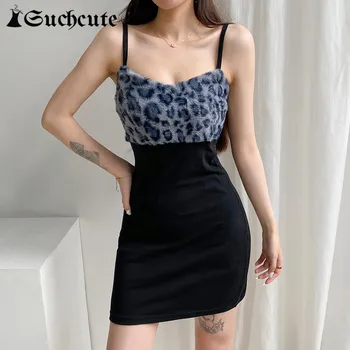 SUCHCUTE Goth Estetice Blana de Leopard Trim Mini-Rochie Pentru Femei 2021 y2k Petrecere de Moda Clubwear fără Mâneci Femei Bodycon Rochii