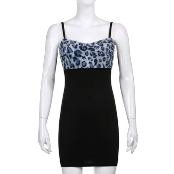SUCHCUTE Goth Estetice Blana de Leopard Trim Mini-Rochie Pentru Femei 2021 y2k Petrecere de Moda Clubwear fără Mâneci Femei Bodycon Rochii