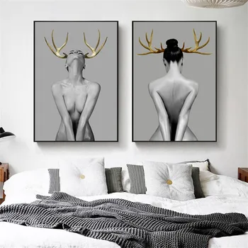 Sex Fata Nordic Panza Pictura Acasă Decor de Perete de Arta dau Femeilor de Corn de cerb de Moda Negru Dormitor Living Imagine de Fundal DIY
