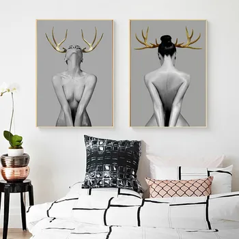 Sex Fata Nordic Panza Pictura Acasă Decor de Perete de Arta dau Femeilor de Corn de cerb de Moda Negru Dormitor Living Imagine de Fundal DIY