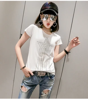 Solid, O-Neck Tricou 2019 Noi de Vara Star ștrasuri din Mărgele Moda High Street Sus de Bumbac Tricou Haine Camiseta Mujer Alb Negru T94803L