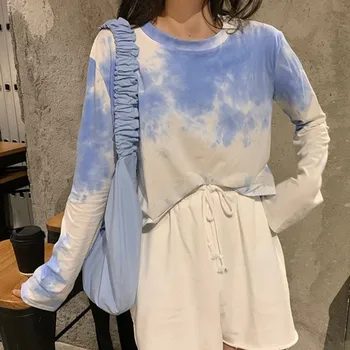 Tie-dye Blue Sky Print Femei Tricou Maneca Lunga O-gât Chic Liber Tee Top de sex Feminin Harajuku Scurte T-shirt
