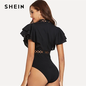 SHEIN Dantelă Neagră a Introduce Stratificat Zburli Body Elegant Taie Stand Guler Skinny Body Femei cu Fermoar Simplu de Vara Costume