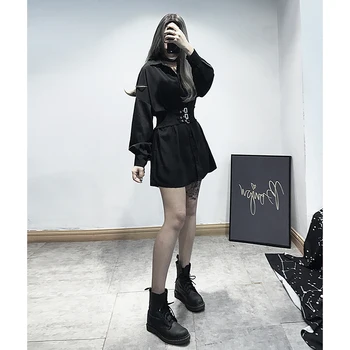2019 Noi Gotic Talie-Sigilat Camasa Femei cu Maneci Lungi Guler de Turn-down Black Slim Bluza Două Piese Casual Plus Dimensiune Topuri Tricouri