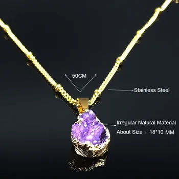Violet din Oțel Inoxidabil Formă Neregulată Naturale Cristal Colier Femei cu Aur de Culoare Lanț de Coliere Bijuterii transport gratuit NG43S04