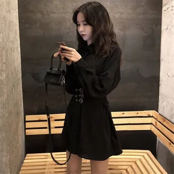 Elegant Solid Rochie De Toamna-Coreean Hipster Alb Negru Vestido Mujer Kawaii Dantelă Subțire Zburli O Linie De Rochii Fetele Harajuku Topuri