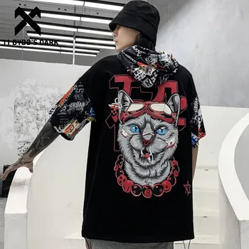 11 BYBB E ÎNTUNERIC Hip Hop Întuneric Cat de Imprimare Barbati Tricou Harajuku 2020 Streetwear cu Glugă Topuri Tricouri Casual din Bumbac cu Maneci Scurte