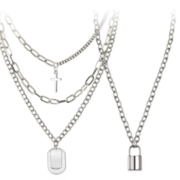 Lanț colier 2-strat de blocare cheie pandantiv coliere set de bijuterii din oțel inoxidabil geanta este potrivit pentru pantaloni punk juca