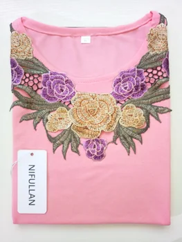 NIFULLAN Moda Femei Bumbac + Sifon cu Maneci Lungi T-shirt Doamna Plus Dimensiune Tricouri Toamna Mama de Sus Broderie Îmbrăcăminte