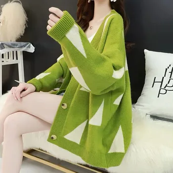 Butonul Verde Cardigan Femei Pulover De Iarna Toamna Anului 2020 Japoneză Geometrice Casual, Pulovere Tricotate Femei Sacouri Topuri Casual