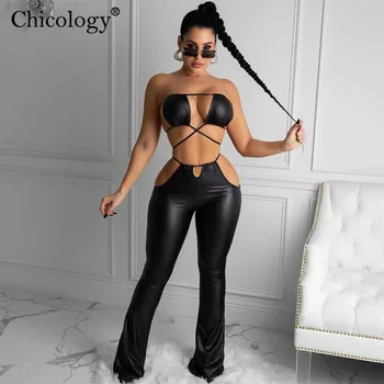 Chicology Piele Pu 2 Două Piese Set de Potrivire Femei Sexy Club Tinutele 2020 Toamna Iarna Crop Top Pantaloni Haine Y2K Streetwear
