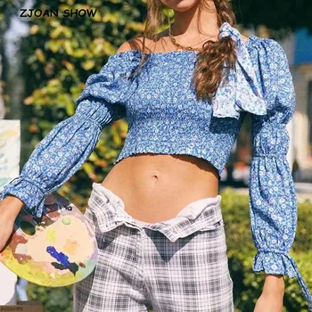 2020 Femei Ruched Elastic Slash gât imprimeu floral maneca Lunga Tricou Retro Cheotoare Oi Picior manșetă Scurtă Bluza Trunchiate Topuri