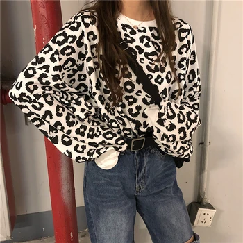 Casual Retro Vrac Leopard De Imprimare Strat De Îmbrăcăminte Exterioară Pentru Femei Sălbatice Plus Catifea Cu Mâneci Lungi Tricou