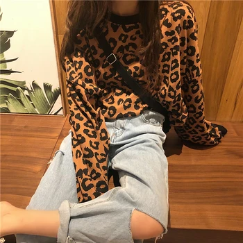 Casual Retro Vrac Leopard De Imprimare Strat De Îmbrăcăminte Exterioară Pentru Femei Sălbatice Plus Catifea Cu Mâneci Lungi Tricou
