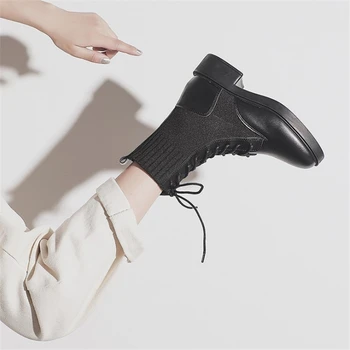 JIANBUDAN Nou șosete de moda cizme de toamna Femei Întinde cizme Dantela-Up ZIP Confortabil de sex Feminin Glezna cizme de Pluș pantofi de iarna