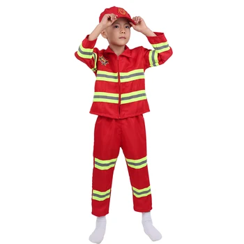 TiaoBug Unisex Copii Băieți Fete Costum Pompier cu Maneci Lungi Sacou cu Pantaloni, Palarie Copii Pompier Cosplay Costum de Halloween