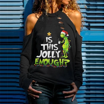 Crăciun Grinch Este Acest Jolly Destul de Scrisoare de Imprimare Tricouri Femei Casual Off-the-Umăr Plin Mâneci Căpăstru Verde Topuri Tricouri