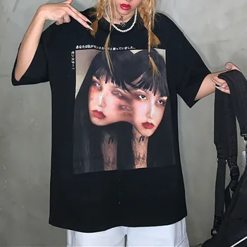 Femeile Gotic Haine de Groază Fujiang Caracter de Imprimare T-shirt Harajuku Maneci Scurte Largi Tricouri Estetice Streetwear Plus 2XL