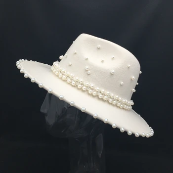 Fedora panama Toamna iarna lână albă femei pălărie cu multe Perle doamnelor capace făcut de mână de moda stil francez