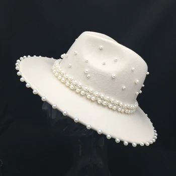 Fedora panama Toamna iarna lână albă femei pălărie cu multe Perle doamnelor capace făcut de mână de moda stil francez