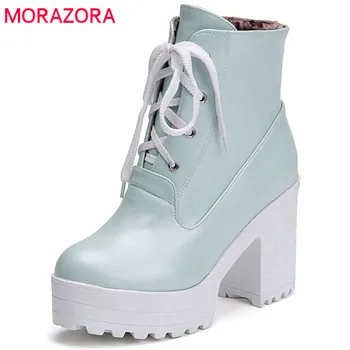 MORAZORA 2020 vânzare fierbinte glezna cizme pentru femei rotund toe toamna iarna cizme dantela-up pantofi platforma femeie tocuri înalte de moda papuceii