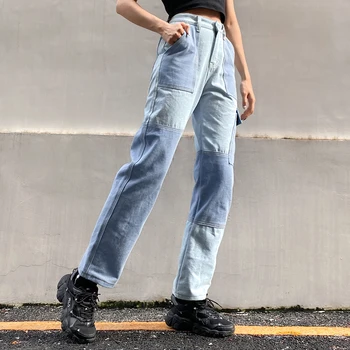 Weekeep Buzunar Mozaic Streetwear Drepte Blugi Denim Pantaloni Femei high-waisted Jean de Moda Cald Blugi Pentru Femei Mujer 2020