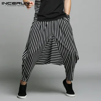 INCERUN Stil Japonia S-5XL Cross-pantaloni Barbati cu Dungi Neregulate Mozaic Harem Pantaloni Barbati Pantaloni Mascul Mare Drop Crotch Plus de Dans