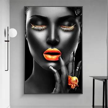 Negru Fete Machiaj Panza de Artă Postere Si Printuri Sexy de Aur Buzele Panza Picturi Pe Perete Artă Africană Poze Decor Acasă