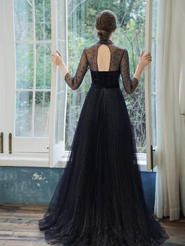 De Lux, Cu Maneci Lungi Femei Formale Rochii Elegante De Înaltă Gât Modest Rochii De Seara Cu Spatele Gol Plisate Tul Bleumarin Rochii De Bal