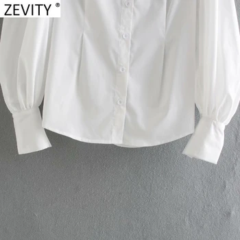 Zevity Noi Femeile de Moda Puff Maneca Pliuri Halat Alb Bluza Office Lady Rândul său, în Jos Guler Tricouri Retro Chic Blusas Topuri LS7491