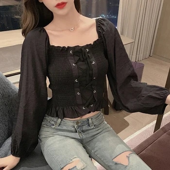 Casual, Camasa Cu Maneca Lunga Sexy Korean Off-Umăr Bluze Bluze Scurte Femei De Moda 2021 Toamna Slash Doamnele Gât Topuri 10447