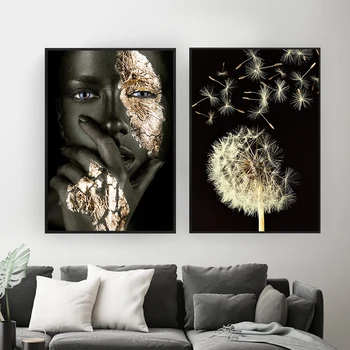 Negru auriu Doamna Floare Păpădie Panza Pictura Moda Printuri Poster Pentru Camera de zi HD Arta de Perete Ins Acasă Cuadros Decoracion