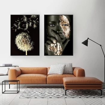 Negru auriu Doamna Floare Păpădie Panza Pictura Moda Printuri Poster Pentru Camera de zi HD Arta de Perete Ins Acasă Cuadros Decoracion