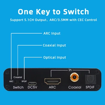 ARC Adaptor Audio 192KHz Digital La Analogic compatibil HDMI Convertor DAC SPDIF Coaxial RCA-3.5 mm Jack de Ieșire pentru Amplificator