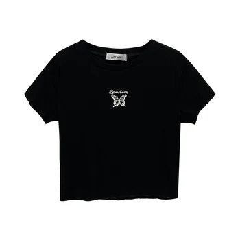 Femei Vara T-shirt Dulce Fetele Harajuku O-Gat Maneci Scurte Ciuperca Partea Fluture Brodat Slim Stil Alb Negru Culturilor Topuri