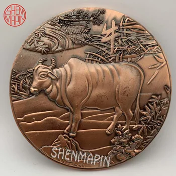 Trei-dimensional de Relief față-Verso Vaca Monedă Comemorativă Cultura Chineză Zodiac Vaca Cupru Roșu Artă, Monede de Colecție